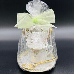 Floral Lattice Coffee Cup and Saucer Gold Trim Gift Set Spoon Espresso Wrapped